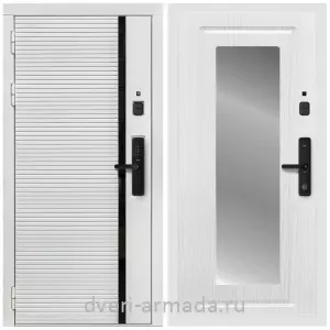 Белые двери с зеркалом, Умная входная смарт-дверь Армада Каскад WHITE МДФ 10 мм Kaadas S500 / МДФ 16 мм ФЛЗ-120 Ясень белый